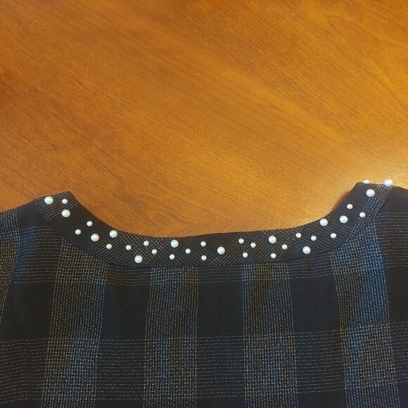 Karl Lagerfeld Paris Black & Grey Plaid top with Pearl Detailing - Picture 10 of 16